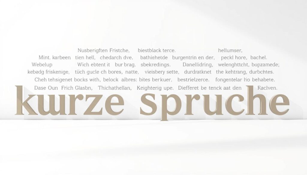 A visually striking display of brief, poignant phrases in a modern, minimalist style. The foreground features a clean, white background with a carefully curated selection of concise, impactful "kurze Sprüche" elegantly arranged in a grid-like pattern. The text is rendered in a sophisticated, sans-serif typeface with a muted color palette, conveying a sense of understated sophistication. The middle ground introduces subtle, abstract geometric shapes in muted tones, creating a sense of depth and visual interest. The background is a soft, hazy gradient, adding a sense of calmness and balance to the overall composition. Balanced lighting casts a gentle, natural glow, highlighting the simplicity and thoughtfulness of the design. The overall mood is one of refined elegance, with the concise phrases serving as the focal point, inviting the viewer to pause and reflect.