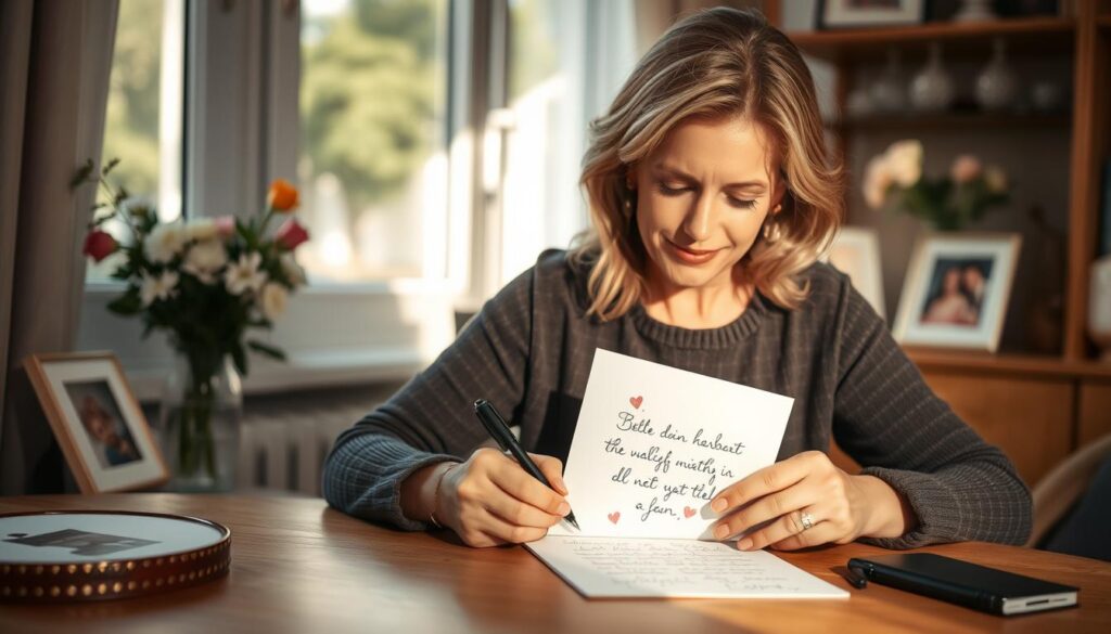 A warm and affectionate mother sits at a writing desk, pen in hand, thoughtfully crafting a personalized message on a sheet of elegant stationery. Soft, natural lighting filters through a nearby window, casting a gentle glow over the intimate scene. The mother's expression is one of focused concentration and heartfelt intention, as she pours her love and appreciation into the handwritten words. In the background, a vase of fresh flowers and a family photograph add personal touches, creating a cozy, domestic atmosphere. The overall mood is intimate, sincere, and reflective of the sentiment of "Persönliche Muttertagssprüche selbst verfassen".