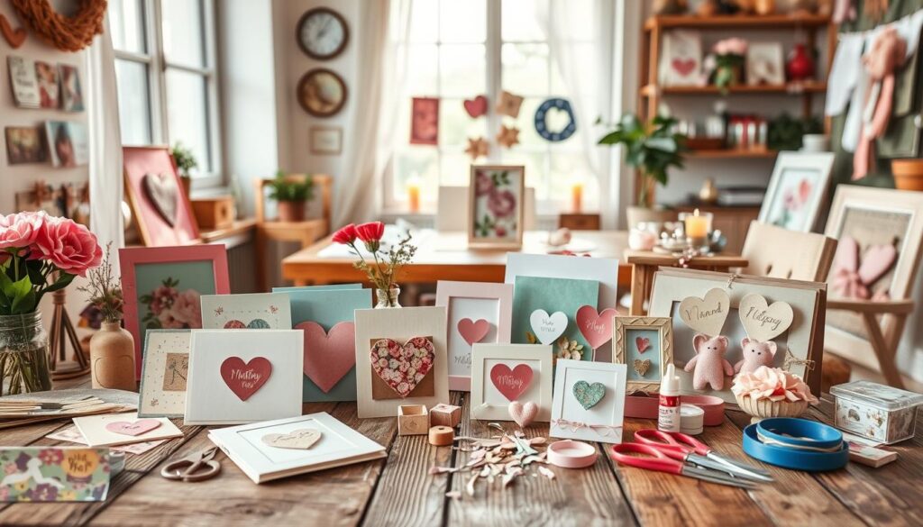 A warm and cozy DIY craft scene featuring various handmade Mother's Day projects. In the foreground, an assortment of artisanal cards, decorative frames, and personalized trinkets arranged on a rustic wooden table. The middle ground showcases a selection of crafting supplies like scissors, glue, colored papers, and ribbons, hinting at the creative process. In the background, a soft, natural light filters through a large window, casting a gentle glow over the scene. The overall atmosphere evokes a sense of heartfelt appreciation and homemade charm, perfectly capturing the essence of "Mit Liebe gemacht: DIY-Sprüche für Mama".