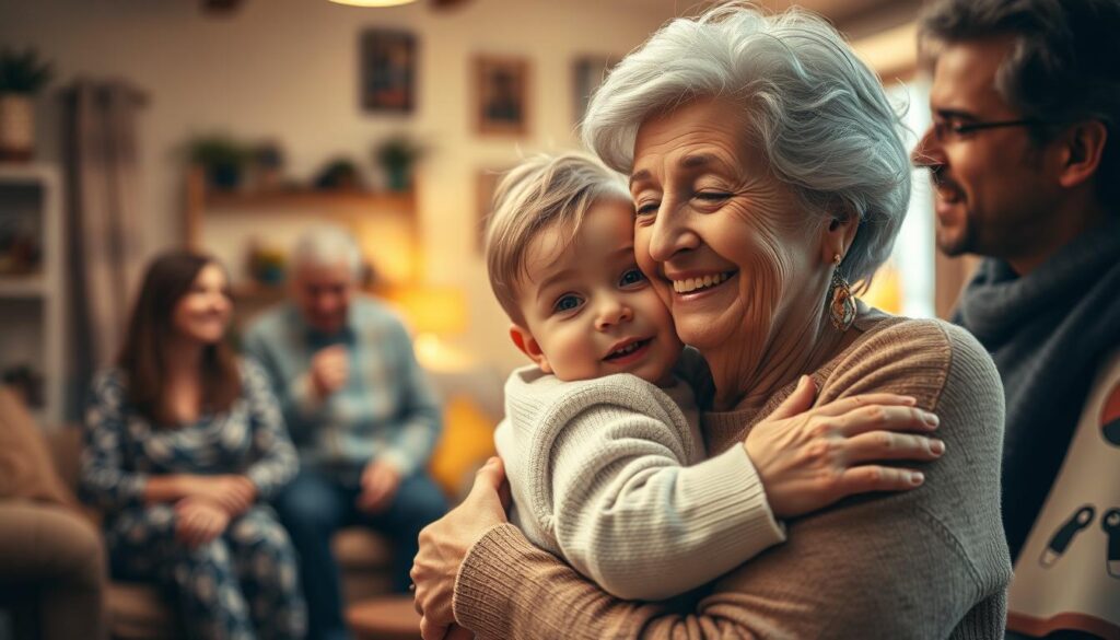 A warm and cozy family scene captured in a soft, nostalgic lighting. In the foreground, a loving grandmother embraces her grandchild, their faces radiating a gentle joy. The grandmother's features are weathered yet kind, her expression conveying a lifetime of wisdom and care. The child, nestled in her arms, looks up at her with adoration. In the middle ground, other family members gather around, engaged in conversation and laughter. The background is a inviting, homely interior, with cozy furnishings and hints of domestic life. An atmosphere of familial comfort and intergenerational connection permeates the scene, capturing the cherished role of grandmothers within the family dynamic.