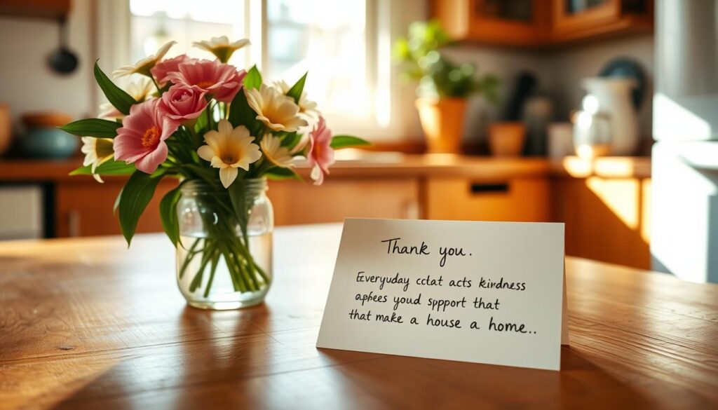 A warm and cozy kitchen scene, with sunlight streaming through a window and illuminating a wooden table. On the table, a hand-written thank-you note in a delicate script, accompanied by a bouquet of fresh flowers in a simple glass vase. The note's message conveys heartfelt gratitude for the everyday acts of kindness and support that make a house a home. The composition is balanced, with the note and flowers taking center stage, while the background features subtle details like kitchen utensils and a glimpse of a potted plant, creating a sense of everyday domesticity. The overall mood is one of sincere appreciation and heartfelt connection.