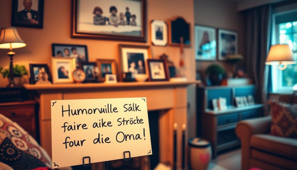A warm and cozy living room, filled with homely details. On the mantelpiece, a collection of framed pictures and knickknacks, evoking a sense of fond memories. In the foreground, a handwritten sign with a playful, humorous message for Grandma, the kind that would bring a smile to her face. The lighting is soft and inviting, casting a gentle glow over the scene. The overall atmosphere is one of familial love and lighthearted joy, capturing the essence of "Humorvolle Sprüche für die Oma".