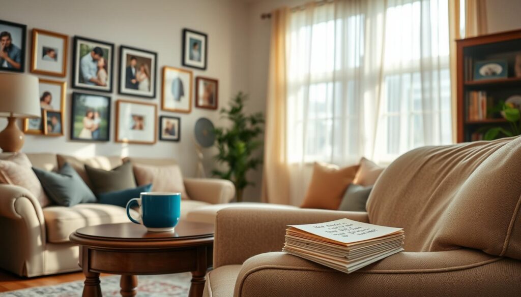 A warm and cozy living room, filled with natural light filtering through sheer curtains. On the walls, a gallery of framed artwork and photographs showcasing a loving family. In the foreground, an oversized armchair, its plush upholstery inviting you to curl up and relax. Atop a wooden side table, a mug of steaming tea and a stack of handwritten notes, each containing a humorous yet heartfelt tribute to a cherished mother figure. The atmosphere is one of endearing levity, where playful quips and affectionate sentiments come together to celebrate the unbreakable bond between a parent and their child.