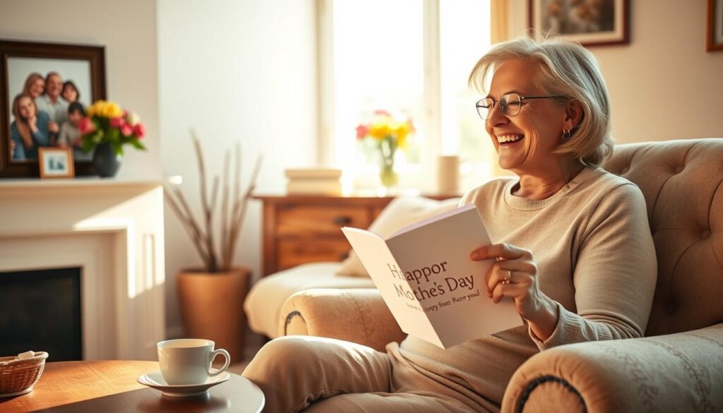 A warm and cozy living room on a sunny spring morning, with a framed family photo on the mantelpiece, a vase of fresh flowers, and a steaming cup of tea on the coffee table. In the foreground, a smiling woman, presumably the mother, is seated on a plush armchair, reading a humorous greeting card and chuckling heartily. The soft, natural lighting casts a gentle glow, creating an atmosphere of joy and contentment, reflecting the importance of humor and laughter on Mother's Day.
