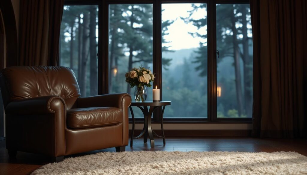 A warm and cozy living room setting, with a leather armchair and a plush area rug in the foreground. In the middle ground, a small side table holding a vase of fresh flowers and a lit candle, casting a soft, ambient glow. The background features a large window overlooking a tranquil, wooded landscape, the sunlight filtering in and creating a serene, contemplative atmosphere. The overall mood is one of quiet elegance and thoughtful reflection, perfect for capturing special moments and heartfelt sentiments.