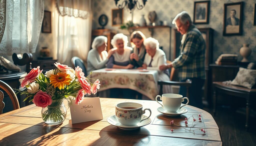 A warm and cozy scene depicting traditional Mother's Day celebrations. In the foreground, a wooden table is adorned with a bouquet of freshly cut flowers, a handmade card, and a delicate porcelain teacup. Sunlight streams through lace curtains, casting a soft, golden glow across the room. In the middle ground, a family gathers around the table, sharing a heartfelt moment together. Grandparents, parents, and children exchange loving embraces and gentle smiles. The background features traditional decor, such as antique furniture, heirloom textiles, and vintage photographs, creating a sense of timeless nostalgia. The atmosphere is one of reverence, appreciation, and the cherished bonds of family.