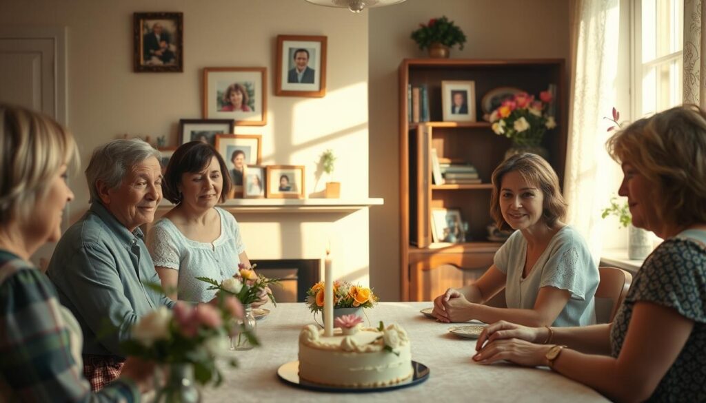 A warm and cozy scene of a traditional German Mother's Day celebration. In the foreground, a family gathers around a table, sharing a homemade cake and delicate floral arrangements. Sunlight filters through lace curtains, casting a soft, golden glow. In the middle ground, a mantel displays framed family photos and a single candle flickering. In the background, a well-worn bookshelf and a vase of freshly picked flowers add to the intimate, nostalgic atmosphere. The overall mood is one of love, gratitude, and the timeless traditions that bring families together on this special day.