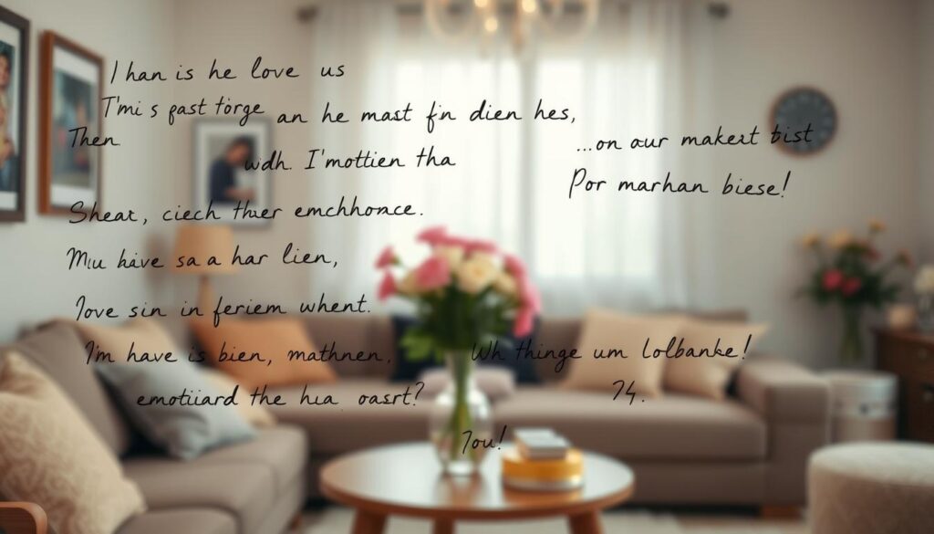 A warm and expressive scene of "emotionale Sprüche" for a Mother's Day article. The foreground features handwritten, heartfelt messages in cursive script, conveying love, gratitude, and appreciation. The middle ground showcases a serene, softly-lit environment, perhaps a cozy living room or bedroom, with muted colors and gentle lighting. In the background, blurred but visible, are framed photographs, a vase of fresh flowers, and other personal mementos, adding to the intimate and sentimental atmosphere. The overall mood is one of tender affection, vulnerability, and cherished memories, reflecting the emotional perspective of a partner honoring the mother figure.