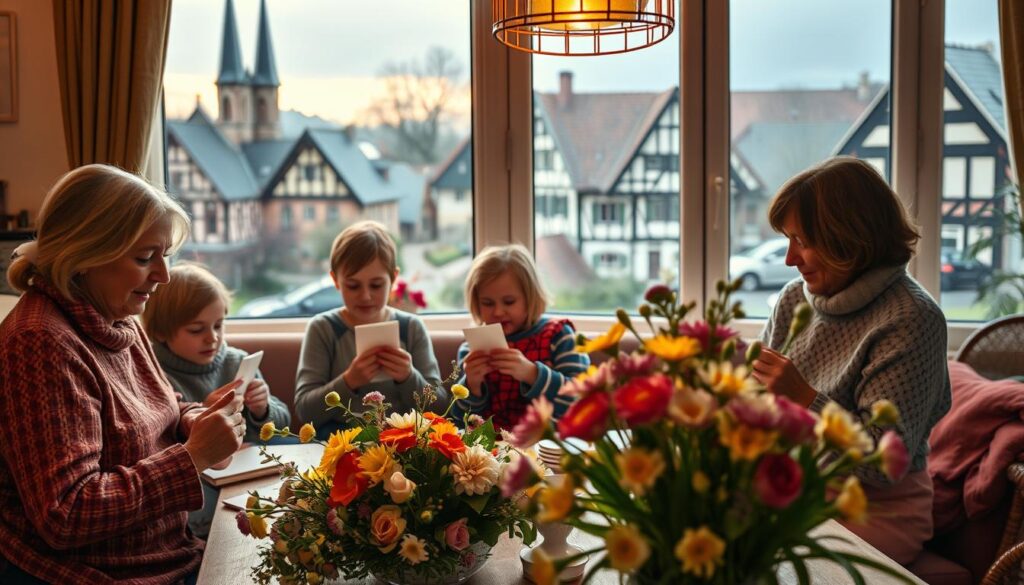 A warm and festive scene of traditional Mother's Day celebrations in Germany. In the foreground, a cozy living room with a family gathered around a table, admiring handmade cards and small gifts. The middle ground features a lush bouquet of spring flowers, perhaps freshly cut from a vibrant garden. In the background, a window overlooking a quaint German town, with steepled churches and half-timbered houses blanketed in soft, golden light. The atmosphere is one of reverence, love, and cherished family traditions, captured with a soft, dreamy, photographic quality.