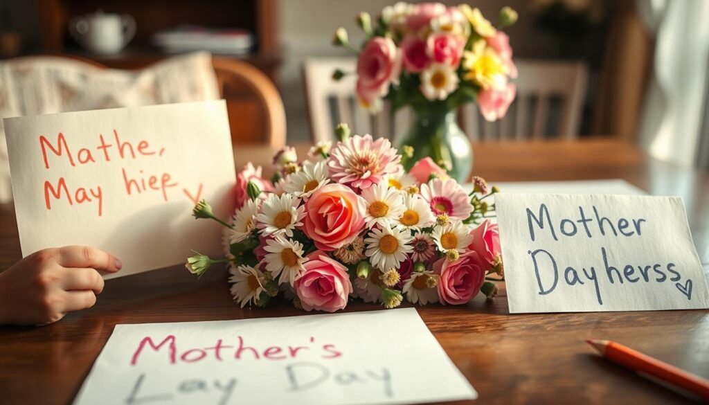 A warm and heartfelt Mother's Day scene, captured in a soft, dreamy light. In the foreground, hand-lettered Mother's Day messages written by young children with colorful crayons, each expressing their love and appreciation. The middle ground features an array of delicate flowers, such as daisies and carnations, in a loose, natural arrangement. The background showcases a cozy, domestic setting, with a wooden table, a lace-trimmed tablecloth, and a vintage vase filled with more blooms. The overall mood is one of genuine emotion, simplicity, and the pure, innocent joy of children celebrating their mothers.