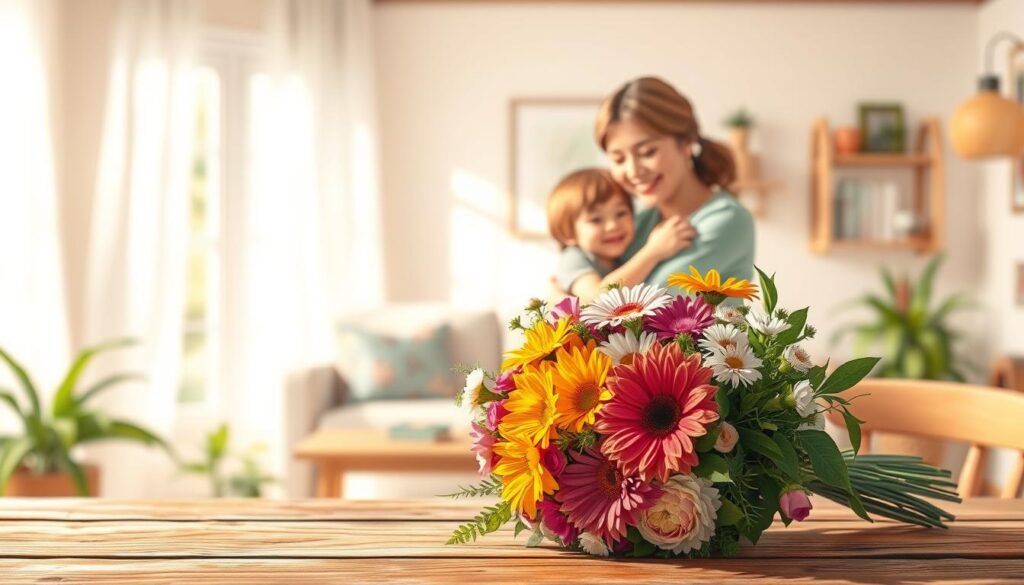 A warm and heartfelt illustration of a mother's day celebration. In the foreground, a bouquet of vibrant flowers, perhaps freshly picked, sits on a rustic wooden table, conveying a sense of thoughtfulness and appreciation. In the middle ground, a serene and affectionate embrace between a mother and child, their expressions radiating joy and gratitude. The background is filled with soft, natural lighting, creating a peaceful and inviting atmosphere, perhaps a cozy living room or a sun-dappled garden. The overall scene evokes a genuine feeling of reverence and cherished moments shared between a mother and their loved one.