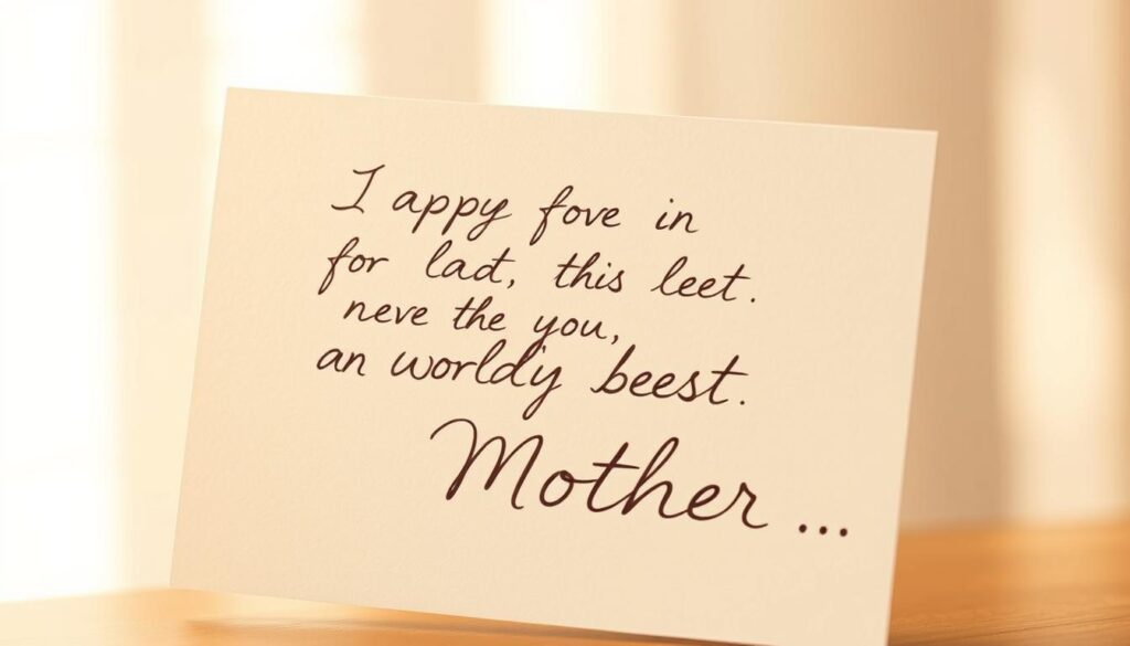 A warm and heartfelt illustration of a thoughtful handwritten note against a soft, blurred background. The note features elegant, flowing cursive script expressing a sincere message of appreciation for the world's best mother. Gentle natural lighting casts a comforting glow, while the composition emphasizes the note's heartfelt sentiment. The overall atmosphere is one of genuine love, gratitude, and reverence for a mother's unwavering care and support.