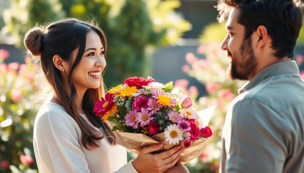 A warm and heartfelt scene of a woman receiving a bouquet of colorful flowers from her partner on Mother's Day. The couple stands in a sun-dappled garden, the woman's face lit by a radiant smile as she gratefully accepts the gift. Soft, romantic lighting casts a gentle glow, and the lush, vibrant foliage in the background creates a serene, naturalistic setting. The partner's expression conveys sincere appreciation and adoration, capturing the tenderness of the moment. The overall mood is one of love, gratitude, and the celebration of motherhood.