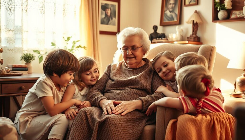 A warm and intimate family gathering, with a loving grandmother surrounded by her affectionate grandchildren. The scene is bathed in soft, golden light filtering through lace curtains, creating a cozy, nostalgic atmosphere. The grandmother, with a gentle, nurturing expression, sits in a comfortable armchair, her hands clasped as she gazes upon her grandchildren with adoration. The grandchildren, of varying ages, huddle close to her, some sitting at her feet, others leaning on the arm of the chair, all enveloped in her comforting embrace. The background is a tastefully decorated living room, with hints of family heirlooms and personal mementos, conveying a deep sense of tradition and the importance of the Muttertag celebration for grandmothers.
