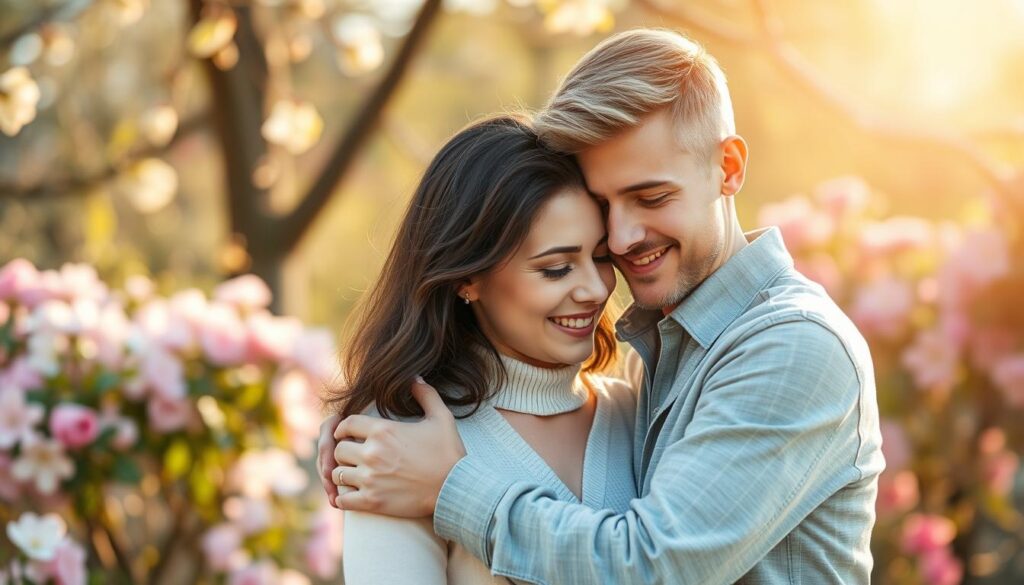 A warm and intimate scene depicting the significance of Mother's Day for couples. A young couple embracing tenderly, their faces alight with affection, set against a softly blurred background of blooming spring flowers in a sun-dappled garden. Gentle, natural lighting casts a serene, sentimental glow, conveying the deep appreciation and gratitude felt on this special day. The couple's body language and expressions radiate a sense of partnership, unity, and the profound meaning Mother's Day holds for their relationship.