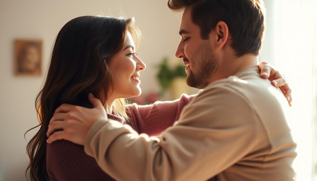 A warm and intimate scene of a couple embracing, their faces close, eyes meeting, conveying a deep connection. The background is softly blurred, drawing the viewer's focus to the emotional exchange between the two figures. Gentle natural lighting filters in, casting a soft, romantic glow. The couple's body language expresses affection, understanding, and the power of words to strengthen their bond. An atmosphere of tenderness and vulnerability pervades the image, hinting at the transformative potential of heartfelt communication in a relationship.