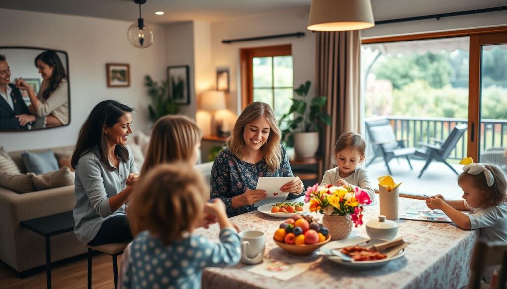 A warm and inviting Mother's Day scene filled with thoughtful activities. In the foreground, a loving family gathers around a beautifully decorated table, sharing a homemade meal. The mother sits at the center, beaming with joy as her children present her with handmade cards and gifts. The middle ground features a cozy living room, with soft lighting and comfortable furnishings, where a young child is engrossed in creating a colorful artwork. In the background, a serene garden terrace overlooks a lush outdoor landscape, hinting at the possibility of further outdoor celebrations. The overall mood is one of heartfelt appreciation, family togetherness, and cherished traditions.