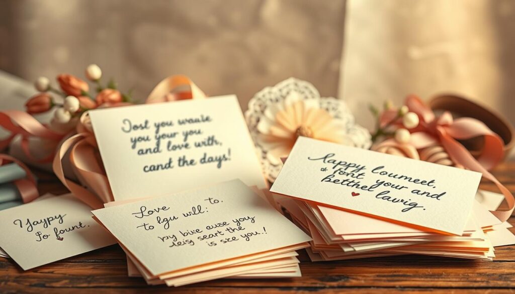 A warm and inviting composition depicting personalized handwritten messages on various paper materials. In the foreground, a stack of cards, envelopes, and letters in soft pastel tones, their surfaces bearing heartfelt messages in flowing calligraphy. The middle ground showcases a variety of ribbons, lace, and floral accents, adding a delicate, feminine touch. The background features a soft, blurred backdrop, perhaps a subtle pattern or texture, creating a sense of depth and intimacy. Gentle, diffused lighting casts a warm, golden glow over the scene, evoking a cozy, homespun atmosphere. The overall mood is one of thoughtfulness, care, and the personal, human touch of crafting a heartfelt message for a loved one.