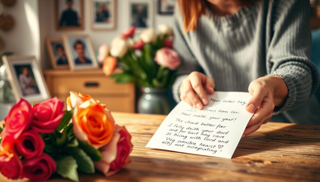 A warm and inviting scene depicting the essence of Muttertag, or Mother's Day. In the foreground, a bouquet of vibrant flowers - perhaps roses or carnations - rests on a wooden table, their petals illuminated by soft, natural lighting. In the middle ground, a woman's hands gently cradle a handwritten letter, conveying a heartfelt message of appreciation and love. The background showcases a cozy, domestic setting, with hints of family photographs and personal mementos hinting at the cherished relationship between mother and child. The overall mood is one of gratitude, tenderness, and the profound bond that defines the Muttertag tradition.