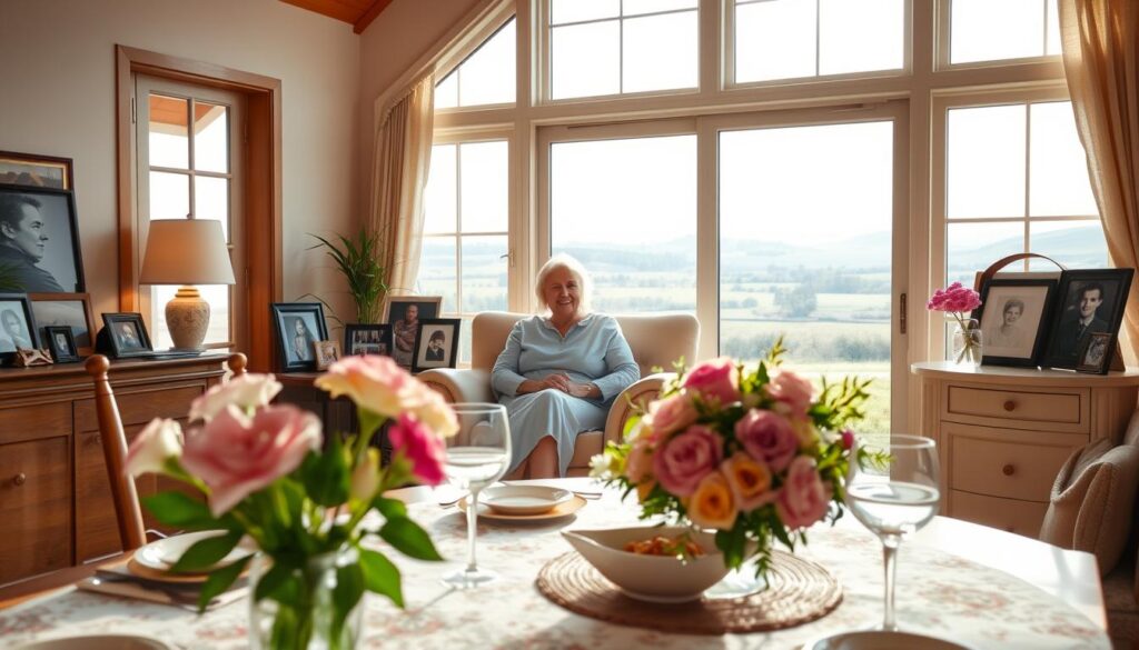 A warm and inviting scene in a cozy living room, filled with natural light streaming through large windows. In the foreground, a beautifully decorated table set for a special Mother's Day celebration, adorned with fresh flowers, delicate china, and a hand-crafted centerpiece. The middle ground features a woman, presumably the mother, sitting in a plush armchair, surrounded by framed family photos and personal mementos that reflect her life's journey. The background showcases a serene, pastoral landscape visible through the windows, creating a sense of tranquility and nostalgia. The overall mood is one of heartfelt appreciation, comfort, and timeless memories.