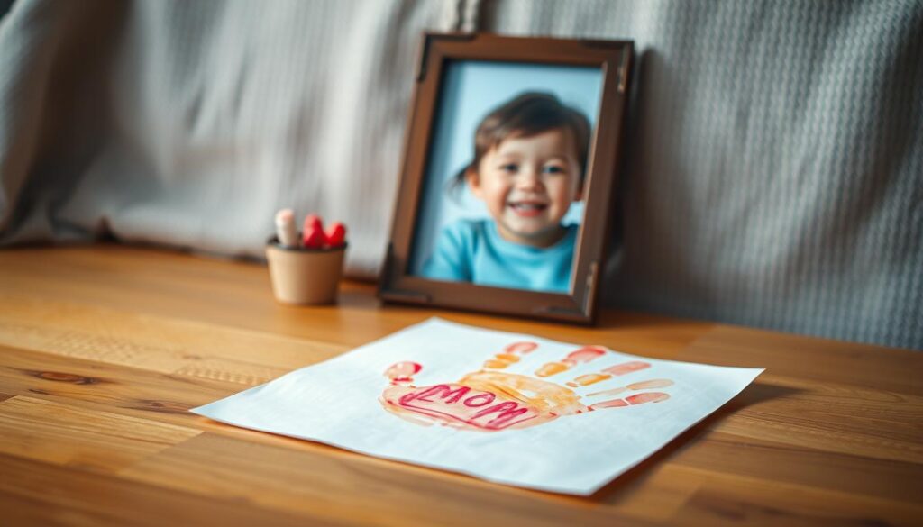 A warm and inviting scene of a child's handmade gift for their mother. In the foreground, a delicate handprint painting or a simple collage crafted with love, textures of paper, glue, and crayon visible. The middle ground features a framed photo of the child, their joyful expression radiating. Soft, diffused lighting bathes the scene, creating an intimate, heartfelt atmosphere. The background is a cozy, textured surface, perhaps a wooden table or a fabric-covered shelf, emphasizing the personal nature of the gift. The overall composition evokes a sense of genuine affection and the power of homemade, thoughtful presents.