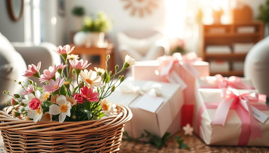 A warm and inviting scene of thoughtful Mother's Day gifts, bathed in soft, natural lighting. In the foreground, a delicate bouquet of colorful spring flowers, nestled in a rustic woven basket. In the middle ground, an assortment of elegantly wrapped present boxes in pastel hues, adorned with satin ribbons and handwritten tags. The background features a cozy, sun-dappled interior, with hints of wooden furniture and a tranquil, family-oriented atmosphere. The overall mood is one of care, appreciation, and cherished maternal bonds.