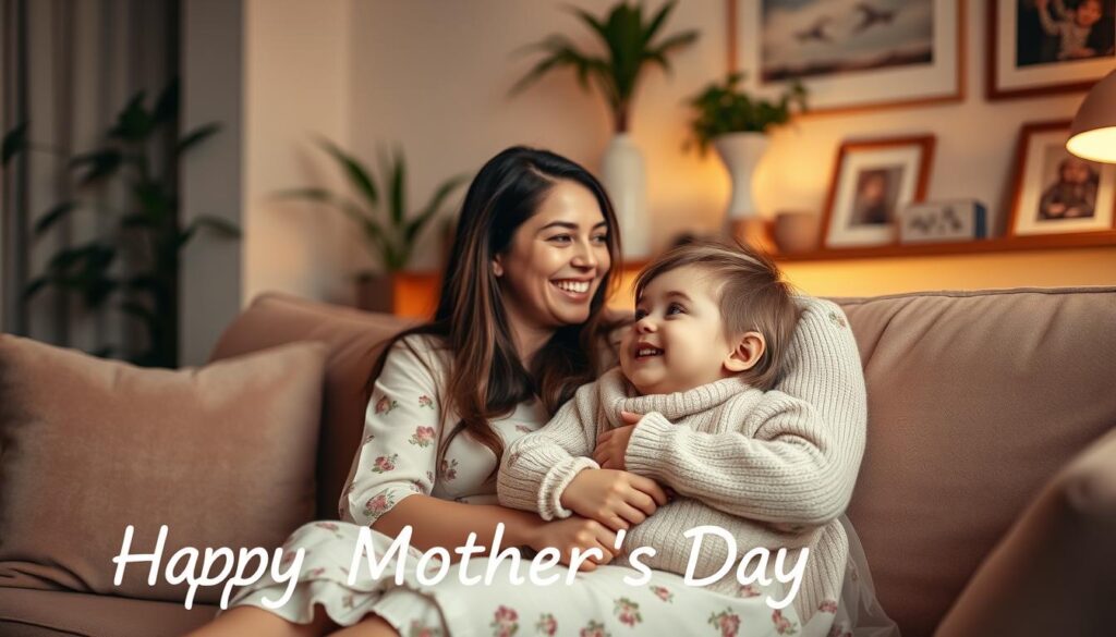 A warm and inviting scene with a mother and child sitting together on a plush sofa, smiling and embracing. The mother wears a soft, floral dress, her face radiating joy and affection. The child, dressed in a cozy sweater, gazes up at her with admiration and love. Ambient lighting casts a gentle glow, creating a cozy, intimate atmosphere. The background features a tastefully decorated living room, with potted plants and framed family photos hinting at the warmth and comfort of home. This peaceful, heartwarming tableau captures the essence of the mother-child bond and the spirit of Mother's Day.