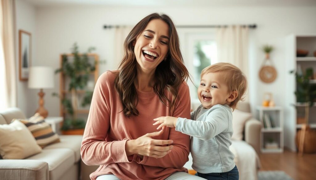 A warm and joyful domestic scene depicting the importance of humor in motherhood. In the foreground, a mother playfully interacting with her young child, their faces filled with laughter and delight. The middle ground shows the mother's relaxed and comfortable demeanor, suggesting the stress-relieving benefits of levity. In the background, a cozy, well-appointed living room, with inviting textures and soft, natural lighting, creating a calming and nurturing atmosphere. The overall impression conveys the uplifting and bonding power of humor within the maternal relationship.
