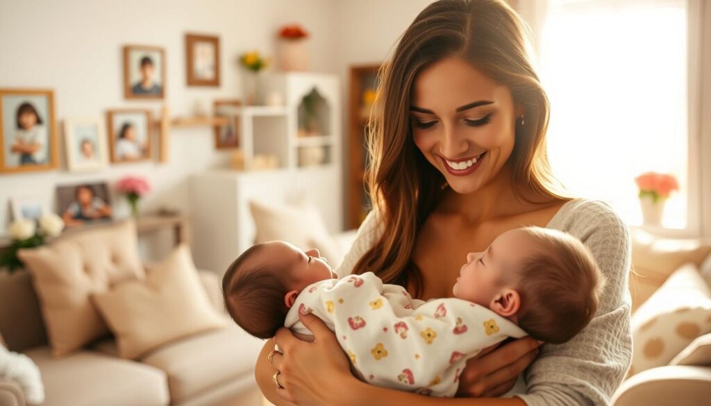 A warm and joyful first Mother's Day celebration. In the foreground, a young mother holds her newborn baby, their embrace radiating tenderness. The mother's face is lit by a soft, golden glow, her expression one of pure love and wonder. In the middle ground, a cozy living room setting, with plush furnishings and cheerful floral accents. The walls are adorned with family photographs, capturing cherished memories. The background features a sunlit window, casting a natural luminescence throughout the scene. An atmosphere of domestic bliss and the profound connection between a mother and child pervades the image, conveying the essence of this special occasion.