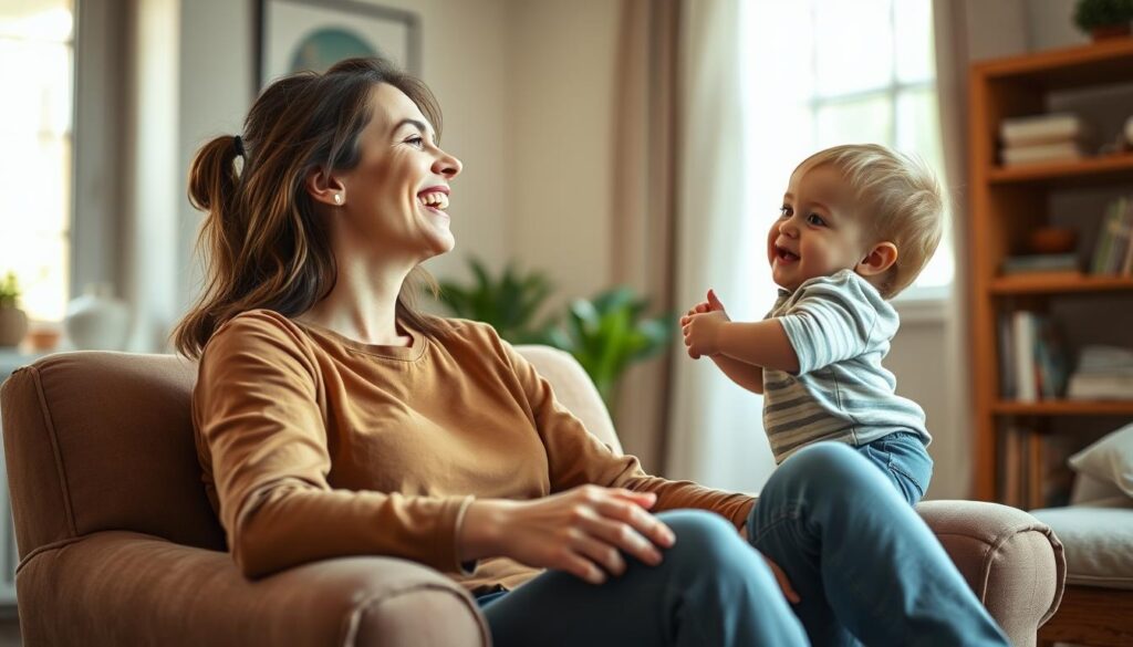 A warm and lighthearted scene of a mother and child sharing a moment of laughter, set in a cozy, inviting home interior. The mother, casually dressed, is sitting on a plush armchair, her head tilted back in a hearty chuckle, while her young child, perched on the arm of the chair, grins mischievously. Soft, natural lighting filters through a nearby window, casting a gentle glow. The background is filled with subtle, comforting details - a bookshelf, a potted plant, and other homely accents that evoke a sense of comfort and joy. The overall mood is one of genuine, relatable humor and the profound connection between a mother and child.