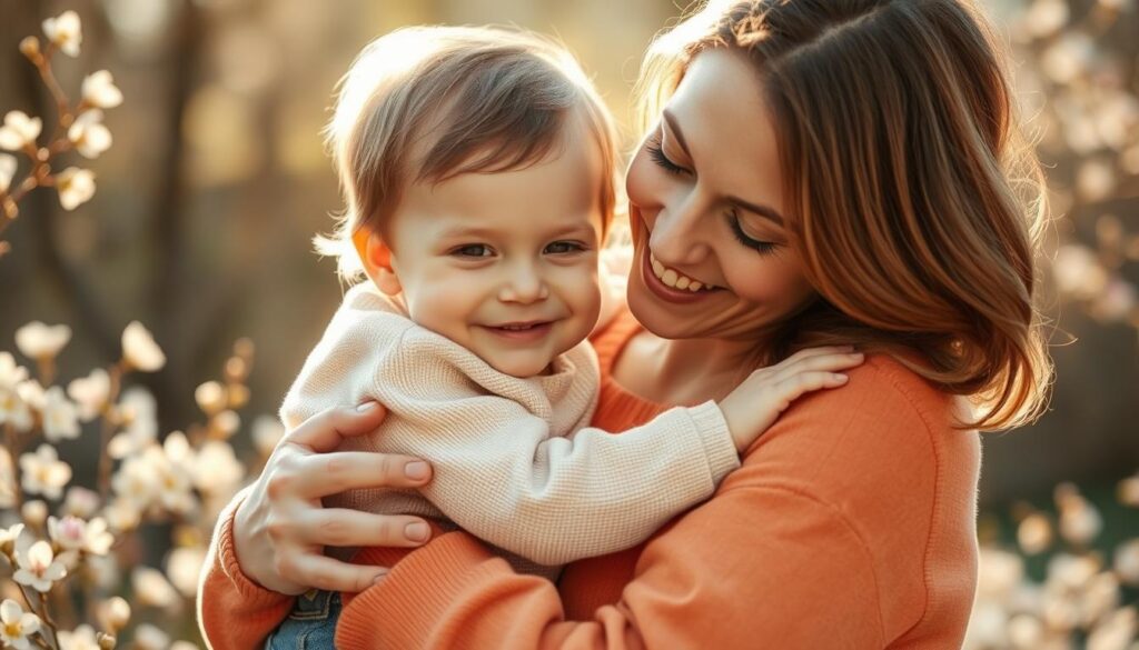 A warm and loving mother embraces her child tenderly, their faces shining with pure adoration. Soft, natural lighting bathes the scene in a golden glow, casting a serene, affectionate atmosphere. In the background, delicate spring flowers in pastel hues create a lush, romantic setting, symbolizing the deep, unconditional bond between a mother and her child. The composition is framed from a slightly low angle, highlighting the mother's nurturing presence and the child's sense of security and contentment. This heartwarming image captures the essence of Muttertag - a day to cherish the profound love and appreciation for the selfless, unwavering guidance of a mother.