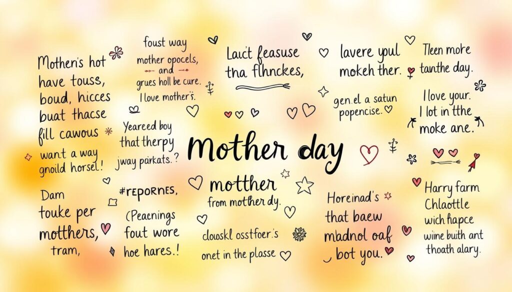 A warm and playful illustration of humorous mother's day quotes, set against a vibrant and cheerful background. The foreground depicts a collage of handwritten calligraphic text, each line artfully composed with a touch of whimsy and charm. The middle ground showcases a collection of playful icons and doodles, like hearts, stars, and floral elements, adding a touch of playfulness. The background features a soft, blurred gradient in pastel shades of yellow, orange, and pink, creating a joyful and uplifting atmosphere. The overall scene is lit by soft, diffused lighting, accentuating the natural textures and hand-drawn qualities of the illustration. The mood is one of warmth, positivity, and a lighthearted celebration of the special bond between mothers and their children.