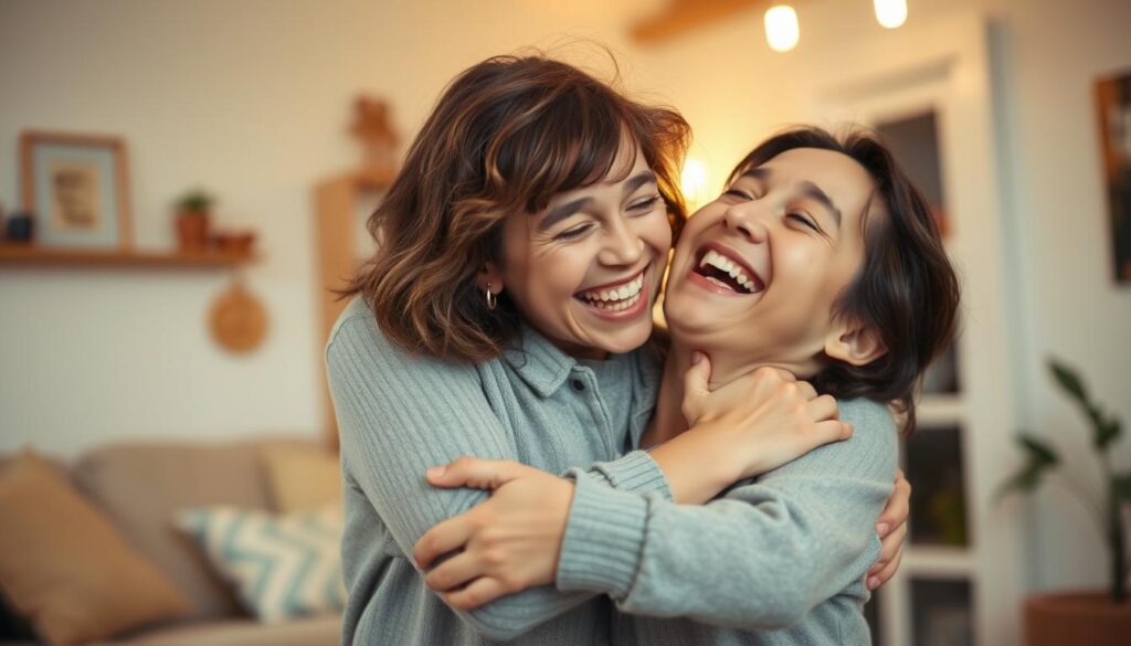 A warm and playful mother embraces her child, their laughter and joy radiating through the scene. The foreground features a soft, intimate moment between the pair, their faces alight with mirth. Soft, diffused lighting casts a gentle glow, while the background depicts a cozy, inviting domestic setting, hinting at the comforts of home. The lens captures the scene with a shallow depth of field, drawing the viewer's eye to the central figures and their shared sense of humor. The overall mood is one of comfort, connection, and the treasured moments that make up the meaningful experience of motherhood.