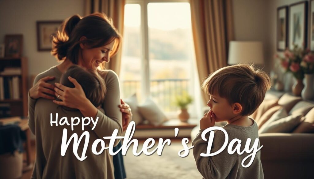 A warm and serene family gathering, bathed in soft natural light. In the foreground, a loving mother embraces her children, their expressions reflecting the deep bond and appreciation they share. In the middle ground, a cozy living room setting with thoughtful floral arrangements and personal mementos that evoke the nurturing home environment. The background suggests an autumnal landscape, with muted tones and a sense of tranquility, symbolizing the enduring significance of motherhood. A sense of timelessness and cherished memories permeates the scene, highlighting the profound meaning of Mother's Day.