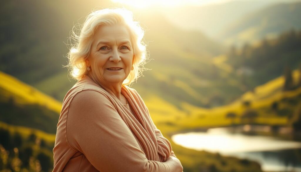 A warm and serene mother figure, radiant with an inner glow, stands tall and proud, her gentle embrace a beacon of strength and inspiration. Soft lighting envelops her, casting an ethereal halo around her features. In the background, a lush, verdant landscape unfolds, with rolling hills and a tranquil lake reflecting the scene. The mother's expression is one of calm wisdom and unwavering support, her eyes conveying a lifetime of experiences and the profound love she shares with her family. This image captures the essence of a mother's steadfast presence, a source of inspiration and resilience in the lives of those she cherishes.