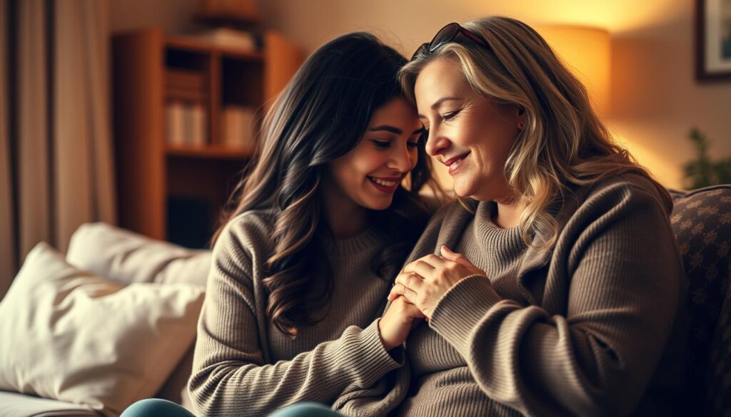 A warm and tender mother-daughter portrait set in a cozy, softly-lit living room. The daughter, a young woman, sits beside her mother, their heads tilted together in a gesture of affection, their hands intertwined. The mother's expression exudes unconditional love, while the daughter's face radiates a sense of comfort and belonging. The scene is bathed in a gentle, golden light that emphasizes the intimacy and connection between the two figures. The background is blurred, keeping the focus on the loving pair. The overall mood is one of deep familial bonds, emotional vulnerability, and cherished moments of togetherness.
