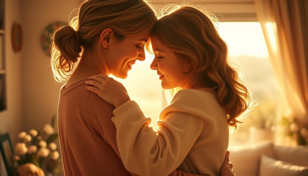 A warm and tranquil mother-daughter moment, captured in a soft, golden-hour light. In the foreground, a loving embrace, their faces tenderly tilted towards each other, eyes filled with unspoken affection. The middle ground features a cozy, intimate setting - perhaps a sun-dappled garden or a peaceful living room, with delicate floral accents and muted, earthy tones creating a serene, timeless atmosphere. The background gently fades into a blurred, dreamlike landscape, emphasizing the intimacy and connection shared between the two figures. Subtle, painterly textures and a slight vintage finish lend an air of poetic, nostalgic charm to the scene, perfectly encapsulating the "Besondere Momente mit der Mutter".