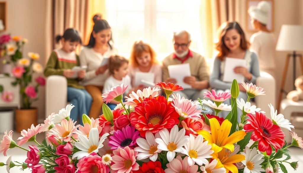 A warm and vibrant Mother's Day illustration showcasing heartfelt greetings for all ages. In the foreground, a vibrant bouquet of colorful flowers, including roses, lilies, and daisies, arranged in a delicate yet striking composition. In the middle ground, a diverse group of people, from young children to elderly grandparents, all expressing their love and appreciation for their mothers through handwritten notes, drawings, and small gifts. The background features a soft, blurred, and nurturing environment, perhaps a cozy living room or a sun-dappled garden, creating a sense of comfort and intimacy. The lighting is warm and natural, evoking a feeling of celebration and togetherness. The overall mood is one of heartfelt gratitude, familial love, and the timeless connection between mothers and their children of all ages.
