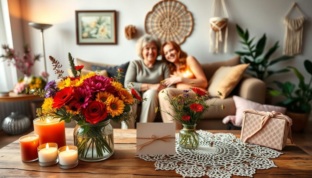 A warm and vibrant celebration of Mother's Day, showcasing a cozy living room with an abundance of thoughtful gifts and decorations. In the foreground, a bouquet of colorful flowers and a handmade card sit atop a rustic wooden table, surrounded by candles and a delicate lace doily. The middle ground features a family gathered around a mother figure, embracing and sharing a joyful moment together. The background displays a tasteful wall decor, such as a framed artwork or a hanging macrame plant holder, adding a touch of whimsy and creativity to the scene. The overall lighting is soft and diffused, creating a cozy and intimate atmosphere, perfect for honoring the special day.