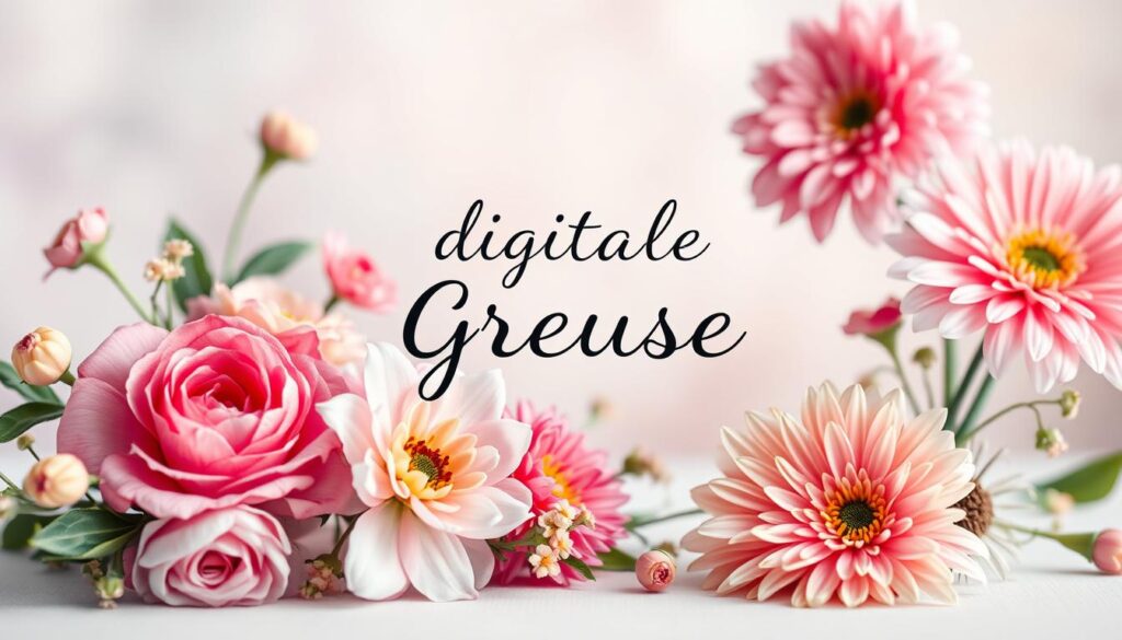 A warm and vibrant digital greeting card, featuring a colorful arrangement of hand-drawn floral elements and delicate typographic elements. The foreground showcases a bouquet of fresh flowers, including roses, lilies, and chrysanthemums, in a variety of pastel hues. The middle ground features the text "digitale Grüße" elegantly rendered in a calligraphic script, with subtle highlights and shadows to add depth and dimension. The background is a soft, blurred gradient, creating a serene and dreamlike atmosphere. The overall composition is balanced and harmonious, with a sense of care and attention to detail, evoking a heartfelt and personal sentiment. Soft, diffused lighting casts a gentle glow across the scene, adding to the warm and inviting mood.