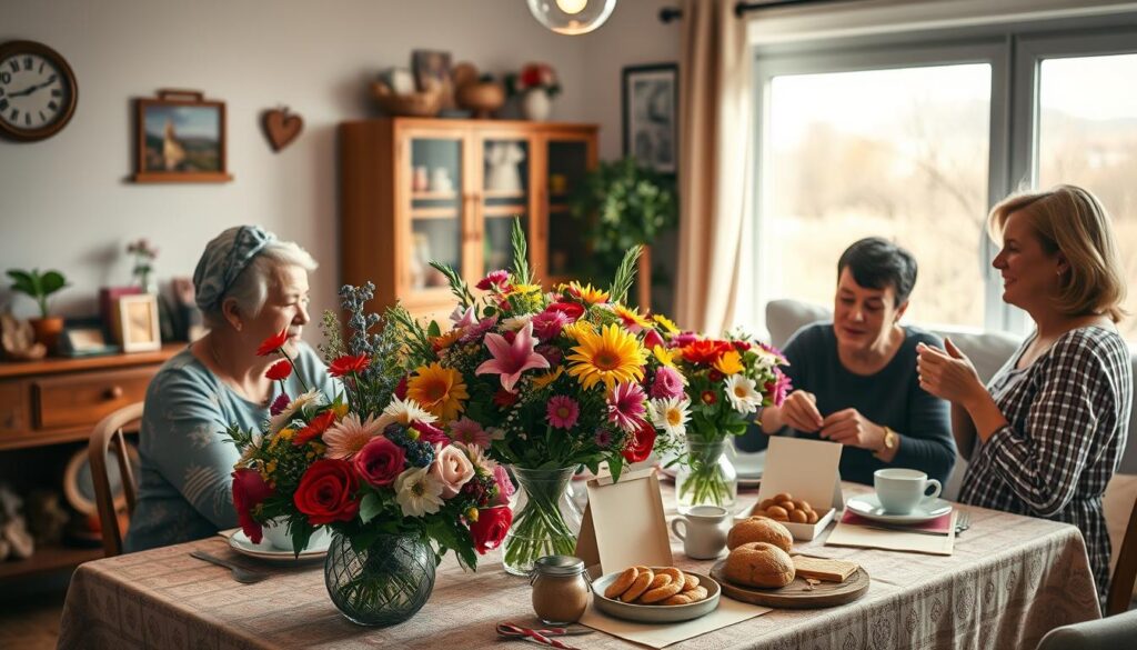 A warm and vibrant scene of a traditional Muttertag celebration. In the foreground, a family gathers around a table adorned with a lush bouquet of colorful flowers, handmade cards, and homemade treats. The middle ground showcases a cozy living room with soft lighting, family heirlooms, and heartfelt decorations. In the background, a window offers a glimpse of a sunny spring day, with nature and architecture blending harmoniously. The mood is one of togetherness, appreciation, and deep familial bonds, capturing the essence of this cherished holiday.