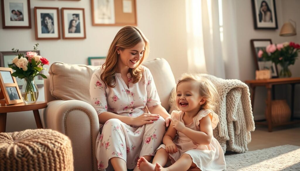 A warm and whimsical scene of a cozy living room setting, with a mother and child sharing a lighthearted moment on Mother's Day. The mother, in a soft, floral dress, sits comfortably on a plush armchair, her face filled with a gentle, amused expression as she looks down at her young daughter, who is giggling playfully while sitting at her feet. The room is bathed in soft, golden light, creating a cozy, inviting atmosphere. Subtle details like framed family photographs, a vase of fresh flowers, and a comfy, knitted throw add to the sense of warmth and intimacy. The overall mood conveys the importance of humor and meaningful connection on this special day.