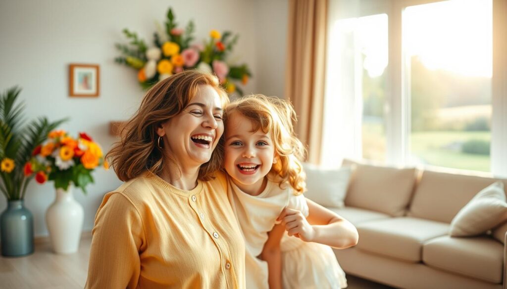 A warm, cheerful mother's day scene with a playful, lighthearted mood. In the foreground, a smiling mother and child sharing a joyful moment, their laughter and expressions conveying the importance of humor and levity on this special day. The middle ground features a beautifully decorated home interior, with vibrant floral arrangements and cozy furnishings that create a welcoming, celebratory atmosphere. The background showcases a sun-dappled outdoor landscape, hinting at the rejuvenating effects of spending quality time together. Soft, diffused lighting casts a golden glow, and the overall composition is dynamic, with a sense of movement and genuine connection between the figures. The result is an uplifting, family-oriented image that encapsulates the spirit of Mother's Day.