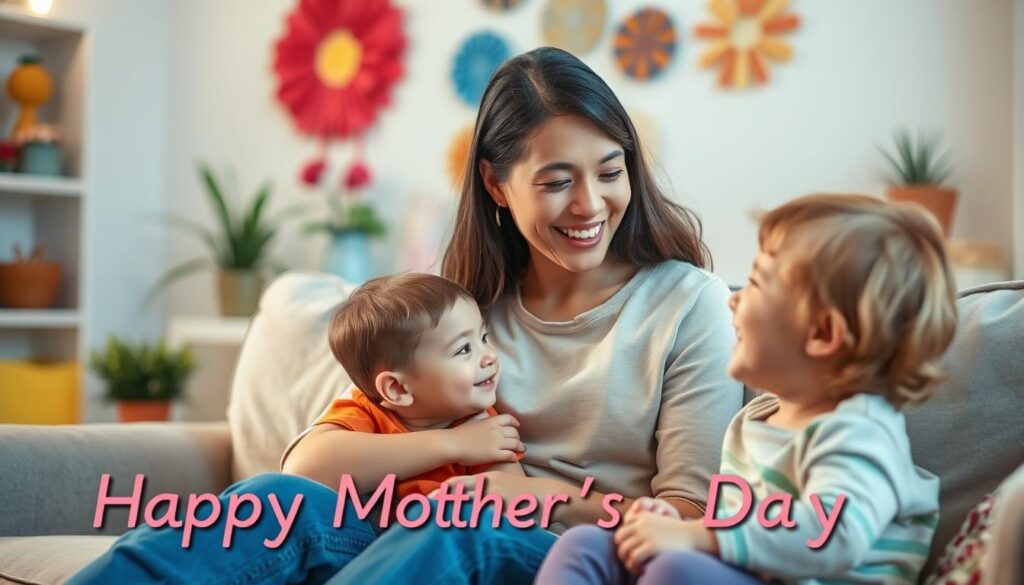 A warm, cheerful scene of a mother and child sharing a lighthearted moment together. In the foreground, the mother and child sit on a comfortable couch, their faces lit by soft, natural lighting as they share a playful exchange, the mother's expression conveying a sense of joyful humor. In the middle ground, the room is cozy and inviting, with colorful decorations and plants adding to the welcoming atmosphere. The background is blurred, creating a sense of intimacy and focus on the central figures. The overall mood is one of familial love, laughter, and the cherished bond between a mother and child on Mother's Day.