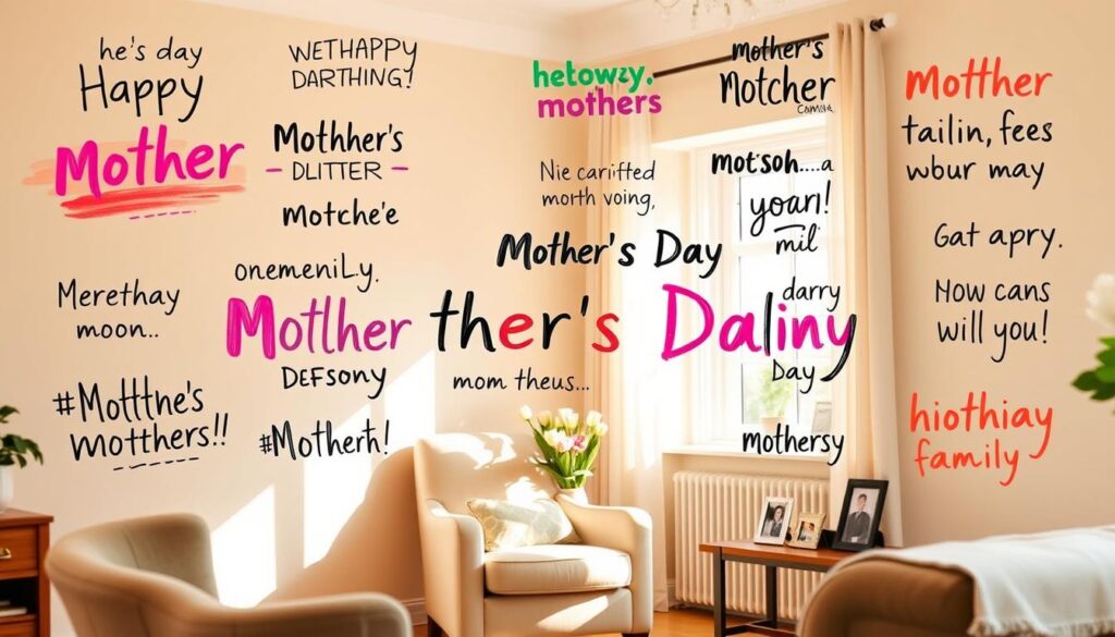 A warm, cheerful scene of funny, hand-lettered Mother's Day phrases floating above a cozy, sun-dappled living room. In the foreground, playful, whimsical text in a variety of colorful brushstrokes and calligraphic styles. In the middle ground, a plush, comfortable armchair, a vase of fresh flowers, and family photos on a wooden side table. In the background, soft, pastel-hued walls and an inviting window, letting in natural light that casts a gentle glow. The overall atmosphere is lighthearted, humorous, and celebratory, capturing the spirit of a joyful Mother's Day.