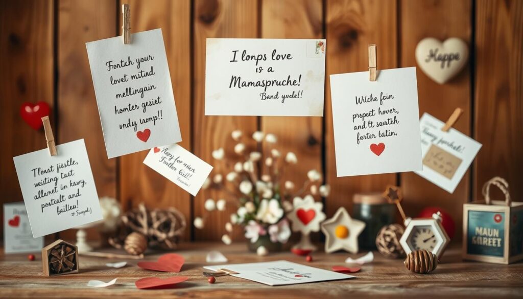 A warm, cozy atmosphere with a rustic wooden background. In the foreground, an assortment of handwritten notes, postcards, and decorative elements float gently, showcasing heartfelt "Mamasprüche" - loving, inspirational messages for mothers. Soft, diffused lighting illuminates the scene, creating a sense of intimacy and sentimentality. The middle ground features a delicate floral arrangement, adding a touch of natural beauty. Overall, the image conveys a heartwarming, nostalgic mood that celebrates the special bond between mothers and their families.