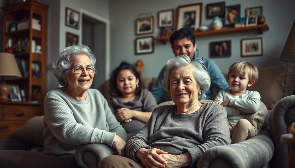 A warm, cozy family scene depicting the central role of grandmothers. In the foreground, a smiling elderly woman sits in a comfortable armchair, surrounded by her family - a young mother, father, and two children. Soft, muted lighting bathes the scene, creating an intimate, nurturing atmosphere. In the background, family photos and mementos adorn the walls, reflecting the grandmother's lifelong bond with her loved ones. The composition emphasizes the grandmother's position at the heart of the home, her wisdom and experience guiding the family through the generations. An oil painting aesthetic, with a slightly vintage, timeless quality, conveys the enduring importance of grandmothers in the family structure.