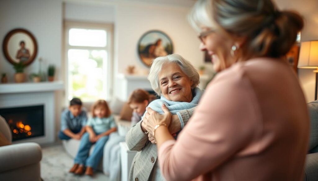 A warm, cozy family scene with a loving mother and grandmother surrounded by their children and grandchildren. The foreground features a soft, blurred silhouette of a mother embracing her child, with the grandmother's warm smile visible in the middle ground. In the background, a cozy living room with plush furnishings, a fireplace, and a sense of togetherness and comfort. Soft, diffused lighting casts a golden glow, creating an intimate, inviting atmosphere. The overall mood is one of familial love, wisdom, and cherished moments.