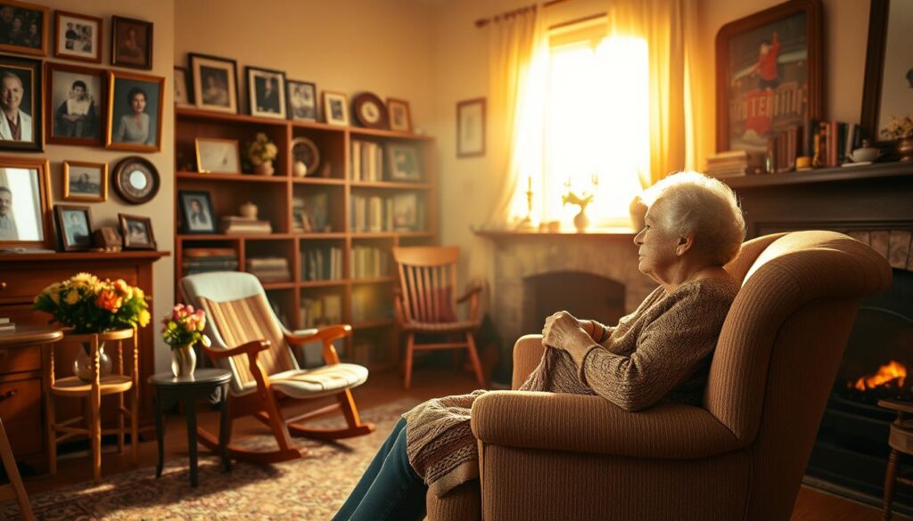 A warm, cozy interior scene of a grandmother's living room, bathed in soft, golden light streaming through a large window. In the foreground, an elderly woman sits in a plush armchair, lost in thought as she gazes out the window, a knitting project resting on her lap. On the walls, framed family photographs and cherished mementos tell the story of her life. In the middle ground, a handcrafted wooden rocking chair and a side table with a vase of fresh flowers create a welcoming, lived-in atmosphere. The background features bookshelves filled with well-worn volumes, a fireplace with a crackling fire, and a gentle, hazy atmosphere that evokes a sense of timelessness and tranquility. The overall mood is one of comfort, wisdom, and the warmth of cherished memories.