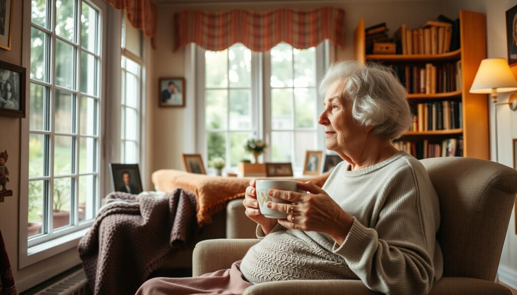 A warm, cozy interior scene showcasing the wisdom and support of grandmothers. In the foreground, an elderly woman sits in a comfortable armchair, her weathered hands holding a cup of tea as she gazes out a large window overlooking a quaint garden. Soft, indirect lighting illuminates her serene expression, conveying a sense of tranquility and life experience. In the middle ground, family photos and handmade knitted blankets adorn the walls, hinting at the grandmother's role as a nurturing matriarch. The background features bookshelves filled with well-worn volumes, suggesting the depth of her knowledge and the lifetime of lessons she is prepared to share. An atmosphere of quiet contemplation and generational wisdom permeates the scene.
